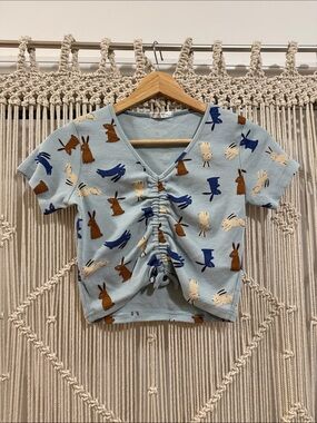 Light Blue Bunnies Ruched Front Crop Top